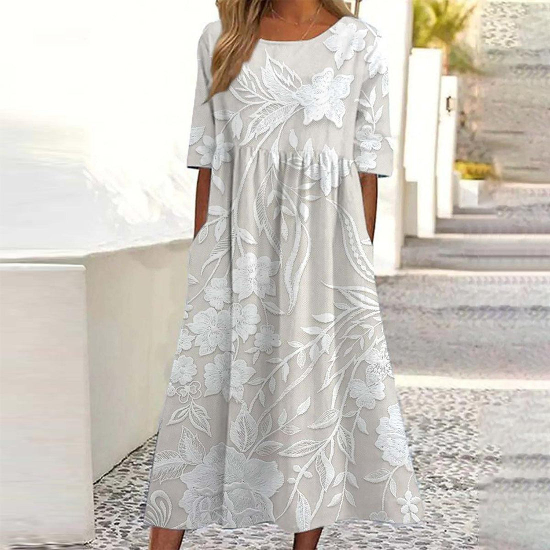 Maëlle – Classic Midi Dress with Print &amp; Pockets