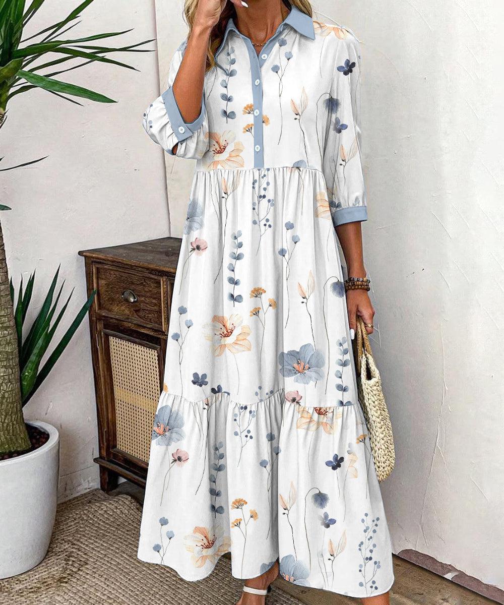 Elvienne | Frisk Maxi-kjole med Print &amp; Krave