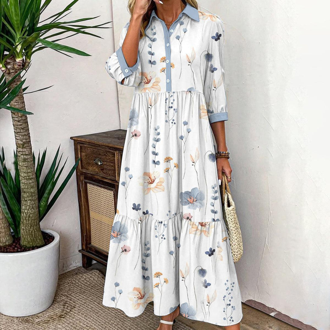 Elvienne | Frisk Maxi-kjole med Print &amp; Krave