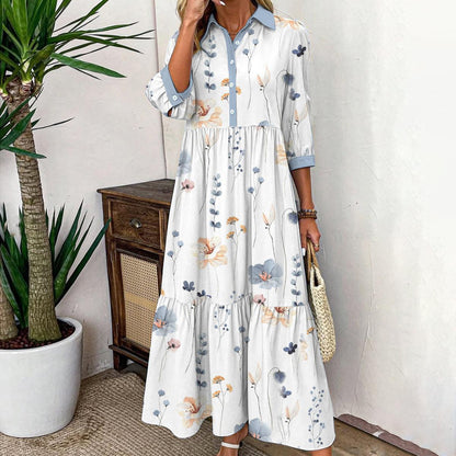 Elvienne | Frisk Maxi-kjole med Print &amp; Krave