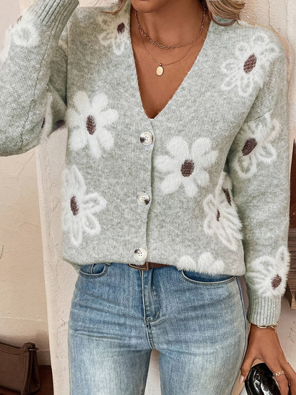 Daisy | Strikket Cardigan med Blomstermønster