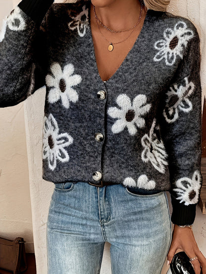 Daisy | Strikket Cardigan med Blomstermønster