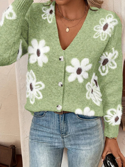Daisy | Strikket Cardigan med Blomstermønster