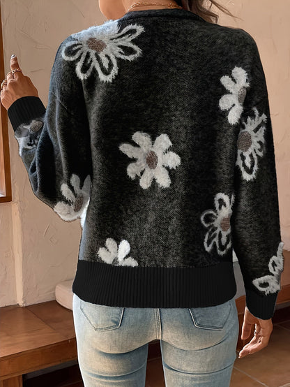 Daisy | Strikket Cardigan med Blomstermønster