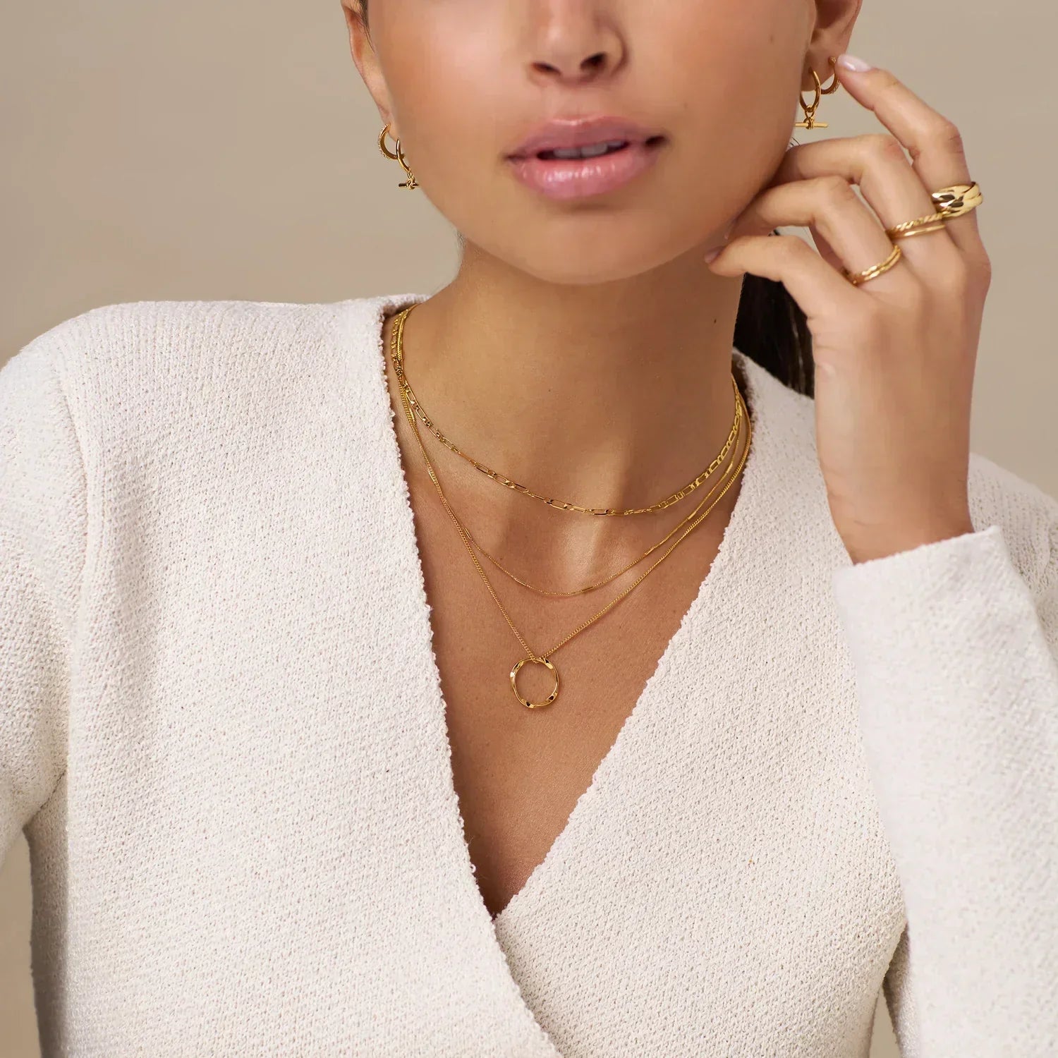 Open circle three-row necklace | Gold 18k