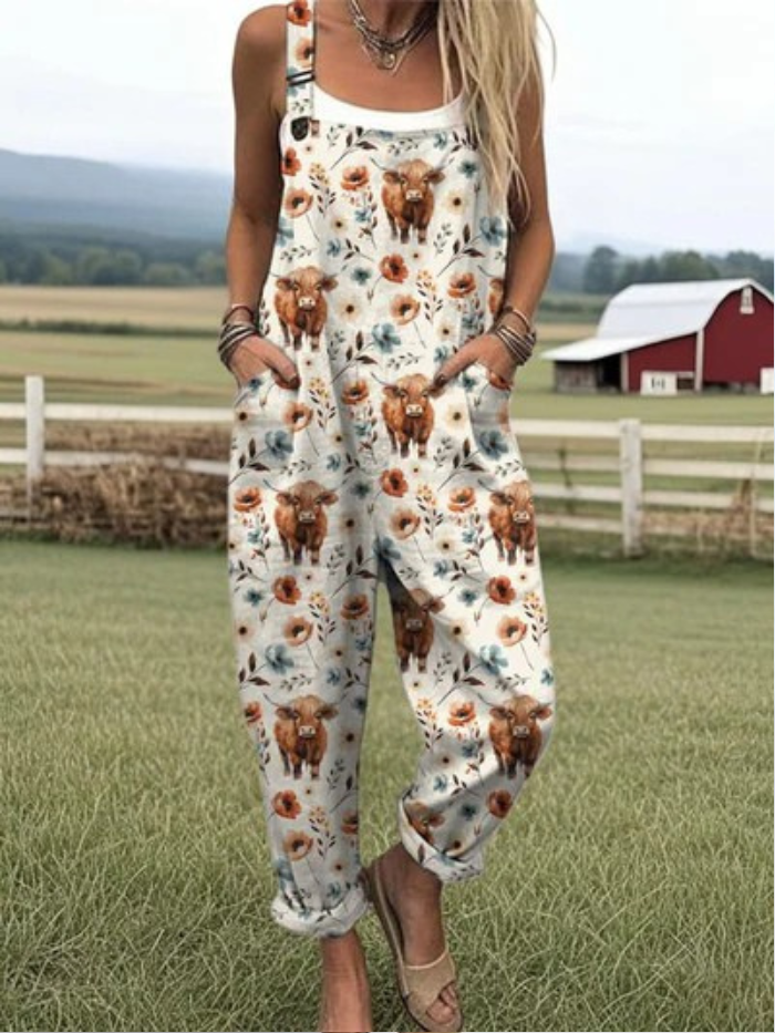 Clomet | Jumpsuit med Highland Cow-tryk og vide ben til kvinder