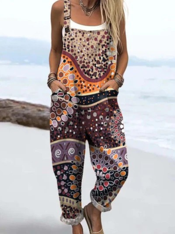 Clomet | Jumpsuit with geometric pattern and art print for women, vintage, wide legs